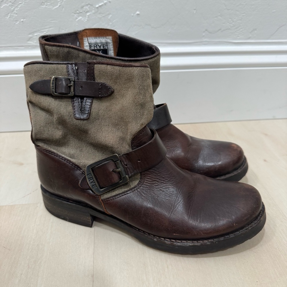 Frye Veronica Short Ankle Boot Dark Brown Leather Canvas 77503 Women's 6.5